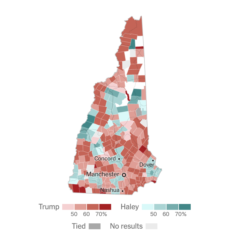 The map above indicates in red where Trump won and in blue where Haley won.